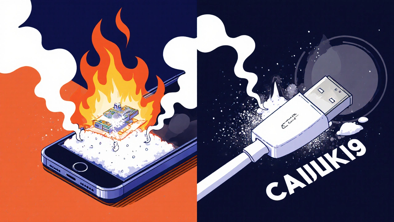 A smartphone and cable split open to show aluminium hydroxide stopping flames with steam and ceramic barriers.