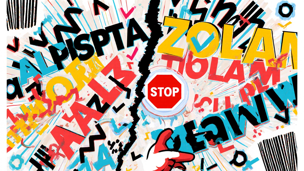 Abstract collage of drug pairs in bold typography with a STOP button, representing medication safety.