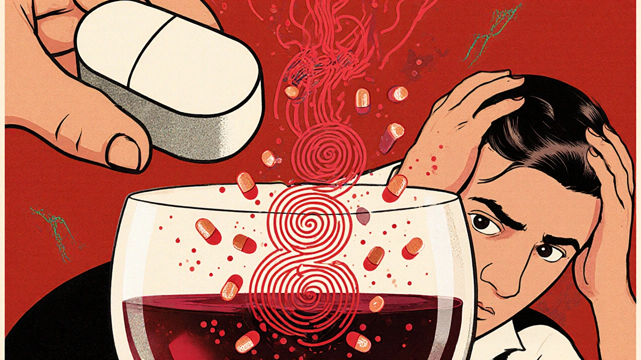 An extended-release tablet breaking apart in wine, releasing drug particles violently into a bloodstream.