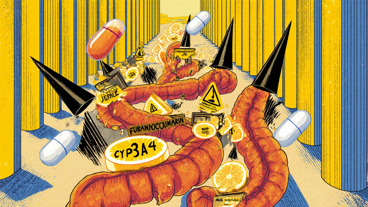 An intestine with destroyed enzyme gates under attack by grapefruit chemicals.
