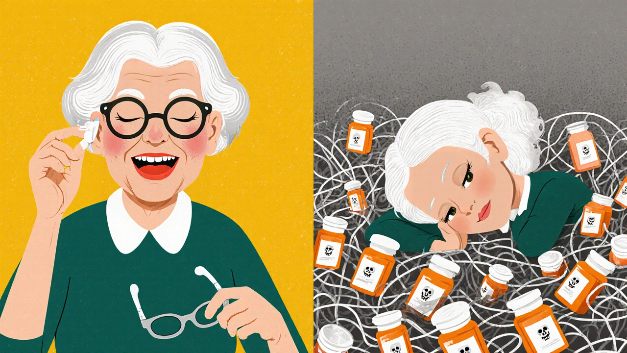 An older woman contrasted between alert health and medication-induced withdrawal, symbolic illustration.