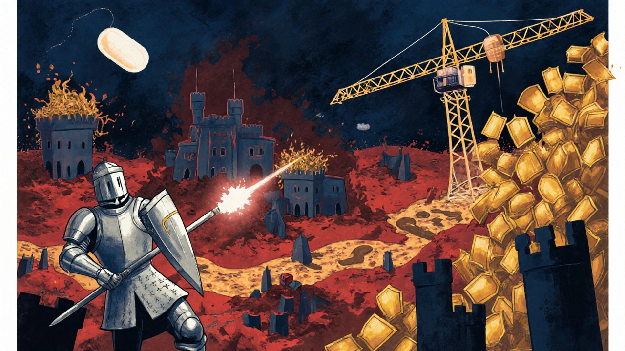 Bloodstream as a city under attack, with medical treatments depicted as heroic figures dismantling antibody towers.