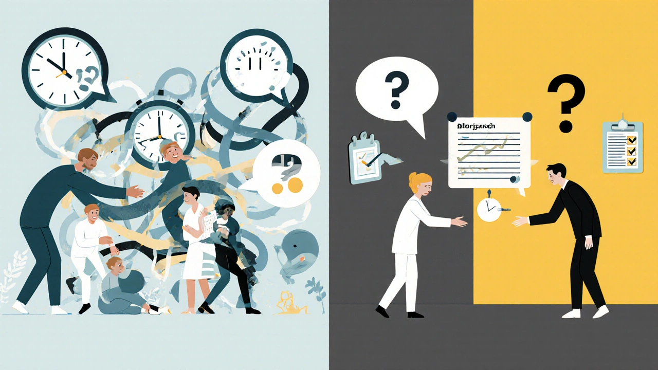 Chaotic hospital handoff vs. calm, organized one, contrasting colors and speech flow in Polish poster style