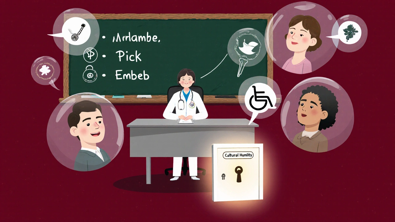 Clinician unlocking trust with cultural humility key, patient faces with symbols, four-step model on chalkboard