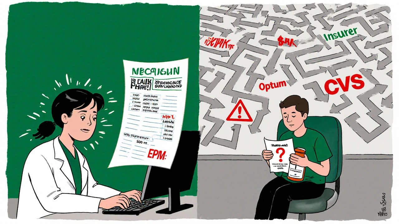 Doctor struggling with electronic prior auth forms while patient faces unaffordable copay in waiting room.