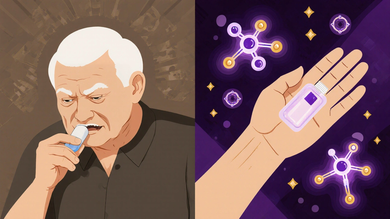 Elderly patient switching from swallowing pills to applying a hormone gel, with molecular visuals.