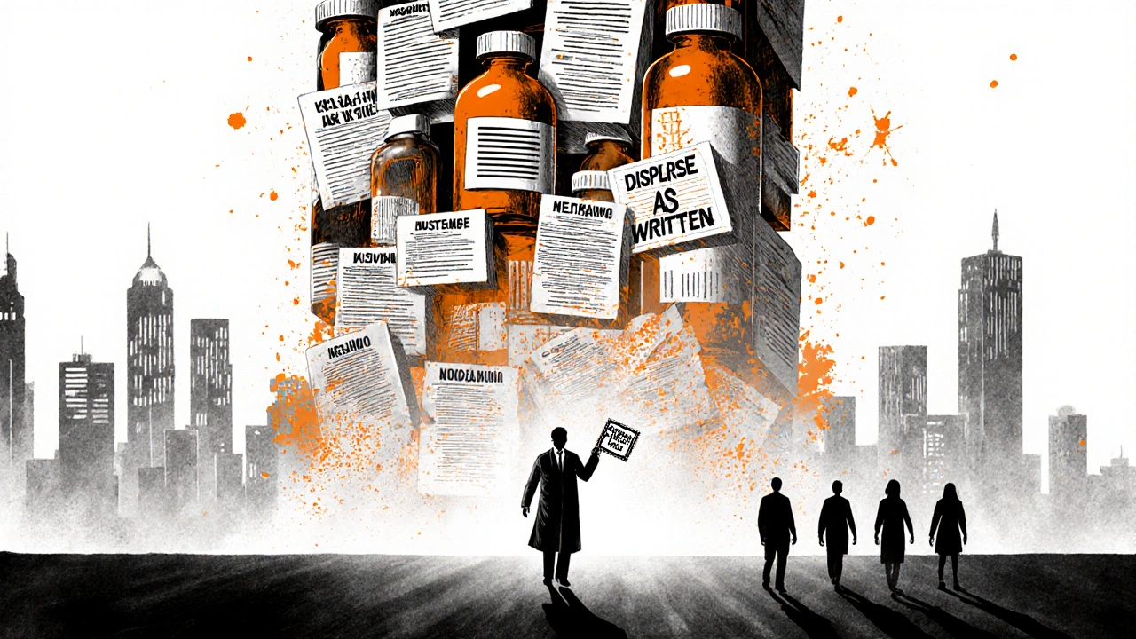 Faceless &#039;System&#039; tower looms over doctor holding &#039;Dispense As Written&#039; stamp in symbolic cityscape.