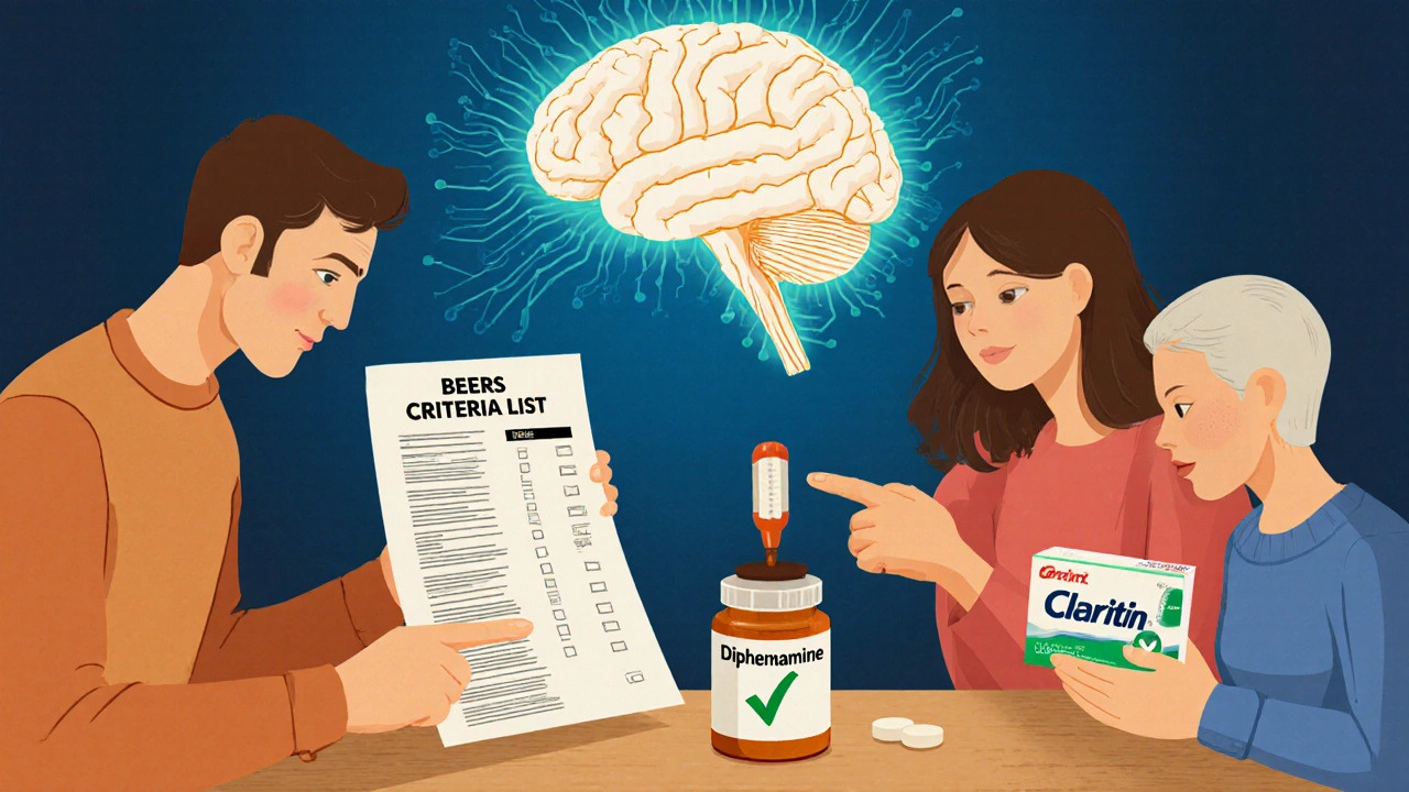 Family reviewing medication list at kitchen table, replacing risky drug with safer alternative.