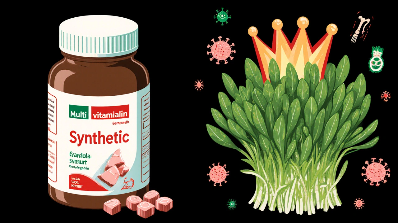 Garden cress crown vs. crumbling multivitamin bottle in bold graphic contrast.