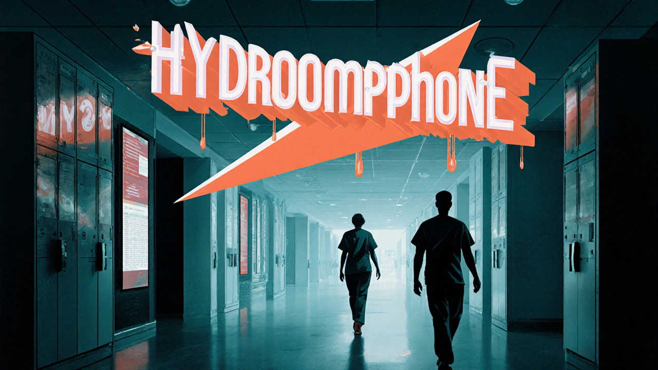 Hospital screens displaying bold, capitalized drug names like HYDROmorphone and morphINE in dramatic lighting.