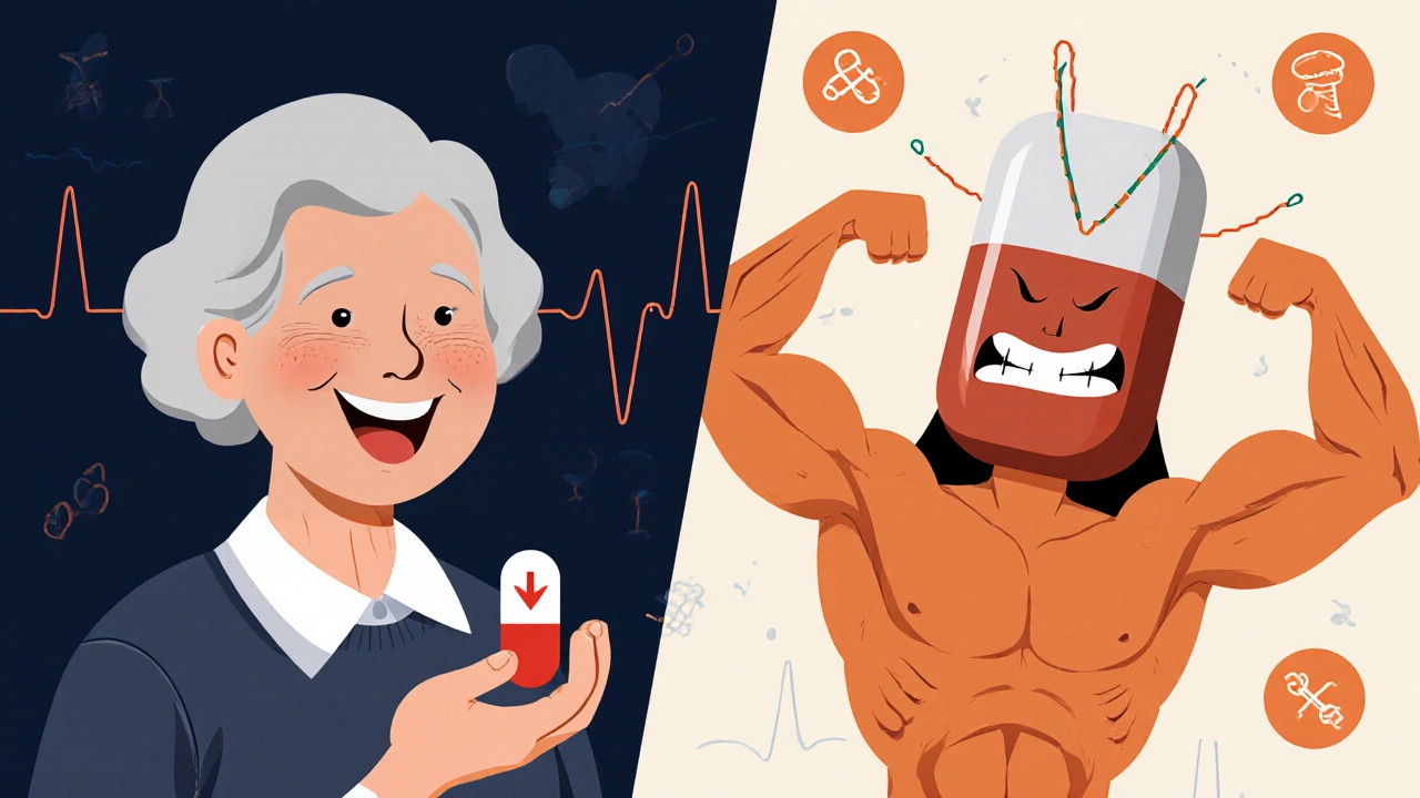 Older woman with pravastatin pill lowering LDL cholesterol, while simvastatin causes muscle damage in split illustration.