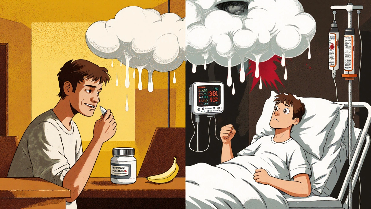 One person taking a supplement peacefully, another in hospital with rigid limbs and flashing monitors