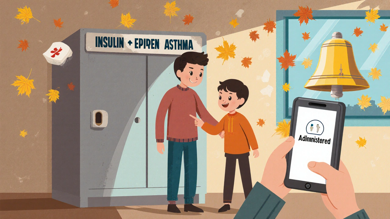 Parent and child confirm medication dose using digital tablet beside locked cabinet