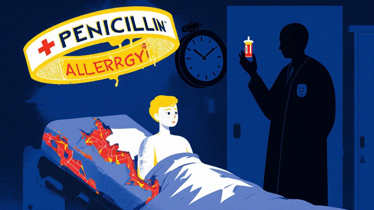 Patient with peeling skin and floating medical alert bracelet in surreal emergency room scene.