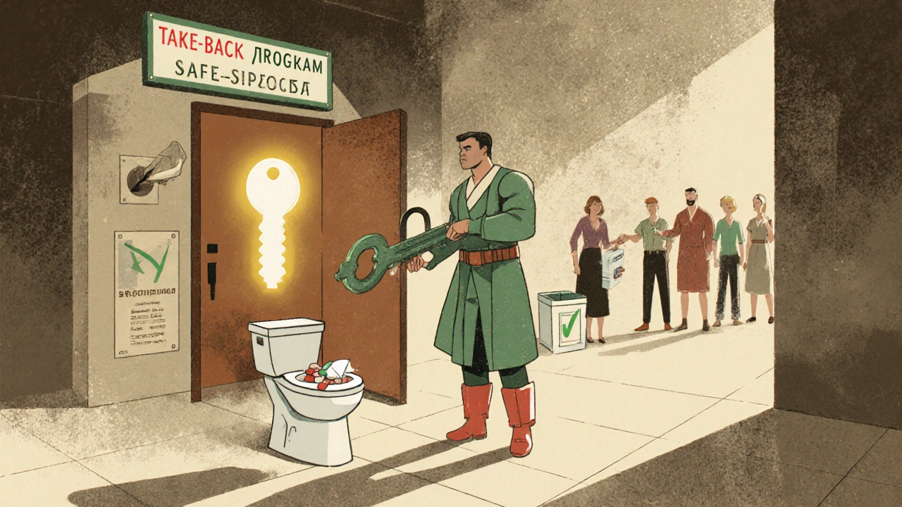 Pharmacist unlocks safe disposal door as people drop pills into a collection bin, while one patch disappears down a toilet.