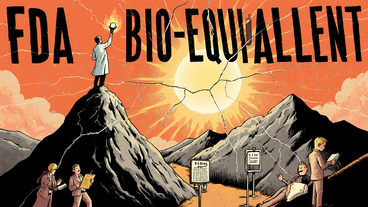 Physician holds brand-name pill as torch above mountain of denied requests, patient unconscious below.