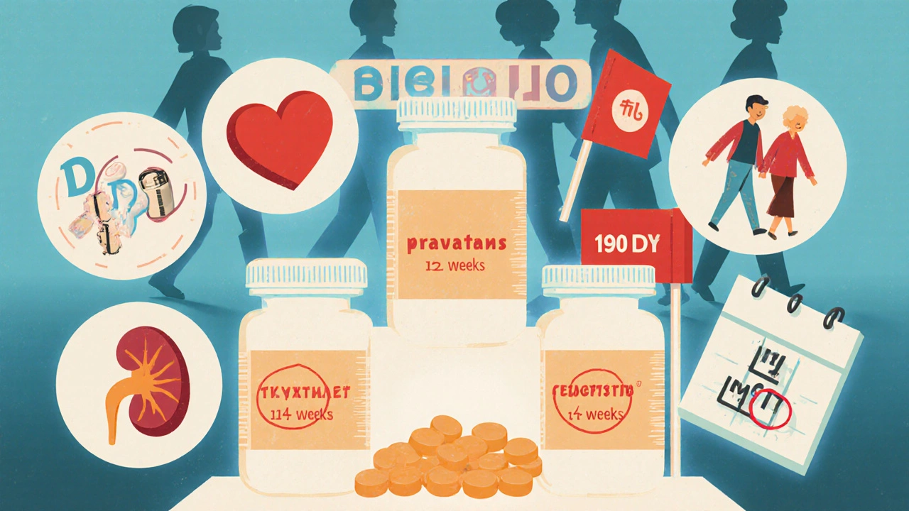 Pravastatin bottles on shelf with medical icons, seniors walking confidently, LDL barrier in distance.