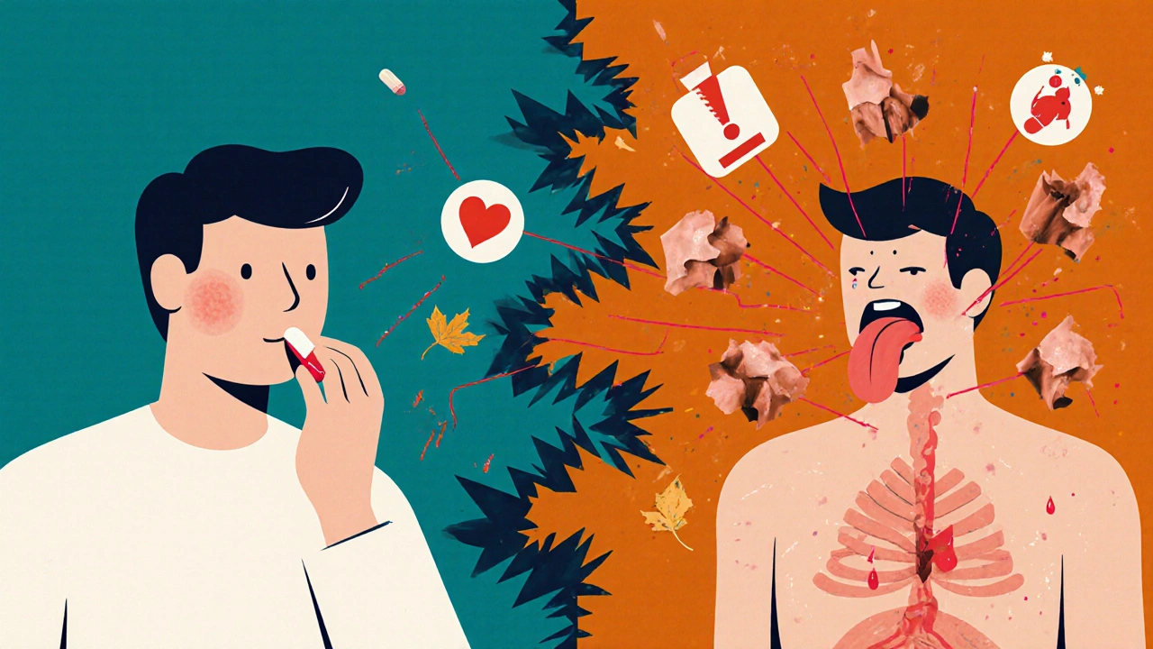 Split illustration showing peaceful pill intake versus chaotic allergic reaction symptoms.