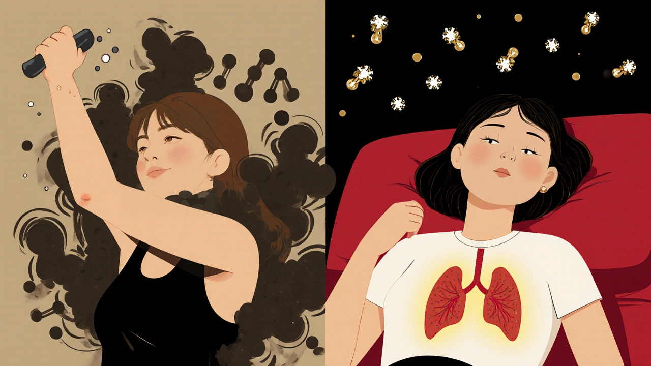 Split scene of a woman struggling with weakness versus resting peacefully, with a glowing thymus in her chest.