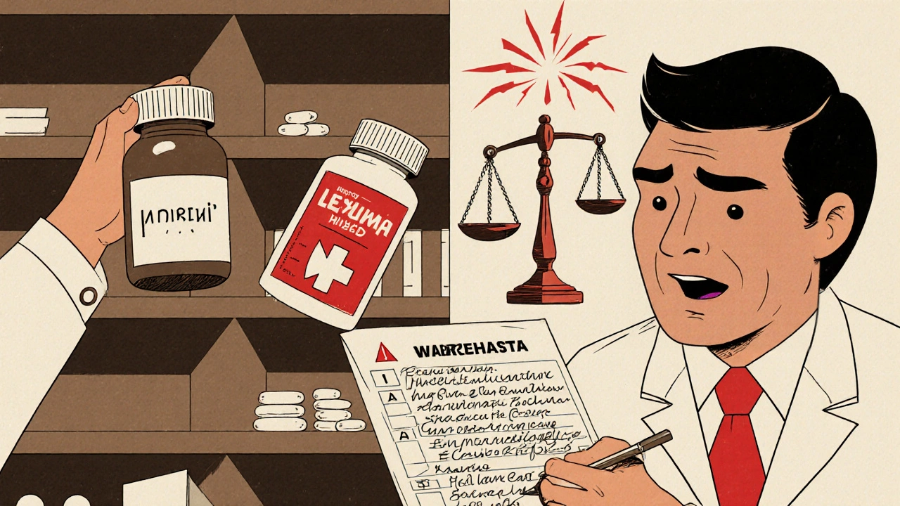 Split scene: pharmacist swapping pills vs. doctor writing detailed warning note with tipping scales.
