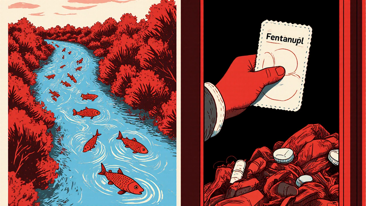 Split scene: polluted river with dying fish on one side, child touching a fentanyl patch from trash on the other.