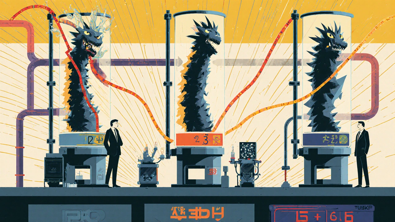 Three dissolution machines spitting different release curves, with pH zones glowing in vibrant bands.