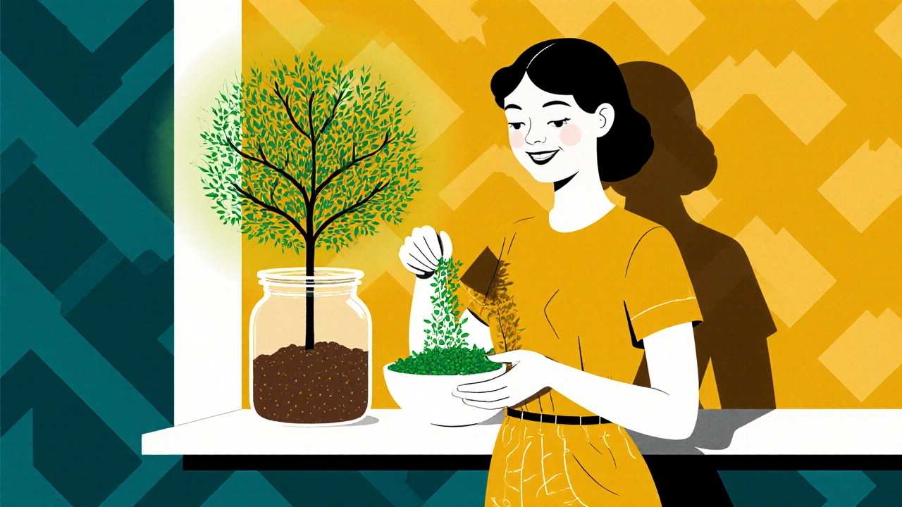 Woman adding garden cress to salad, her shadow forming a growing plant with a nutrient halo.