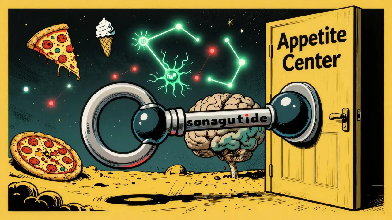 A brain with glowing neurons unlocked by a semaglutide molecule, food cravings fading like stars.