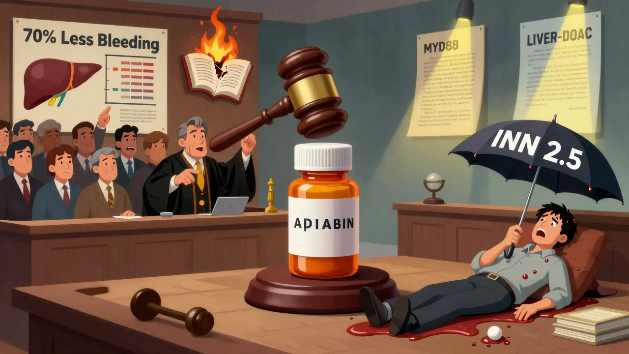 A courtroom scene with apixaban and warfarin on trial, organ jurors debating bleeding risks, while two research studies shine as beacons of future clarity.