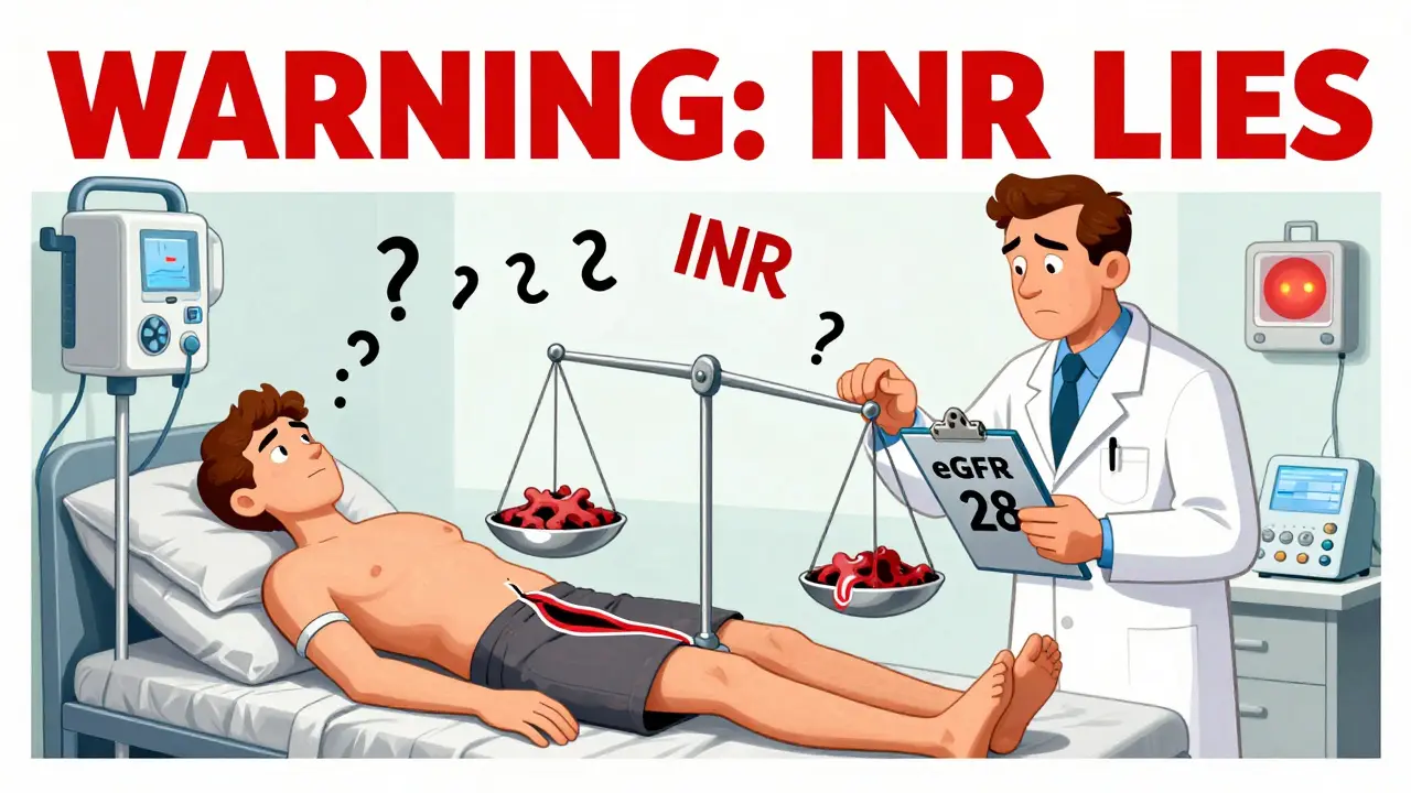 A doctor beside a dialysis machine faces a patient's body as a balancing scale between clotting and bleeding, with unreliable INR numbers floating above.