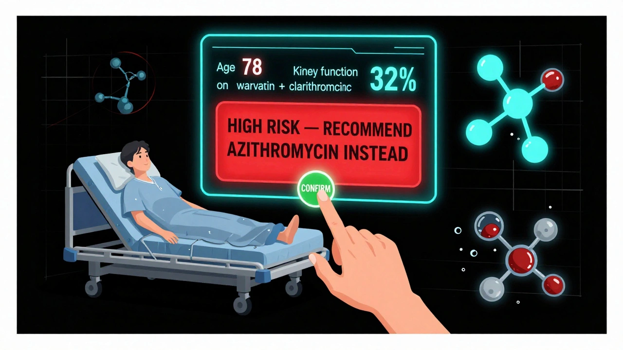 A futuristic health AI recommends a safer drug alternative for an elderly patient, with glowing molecular data in the background.