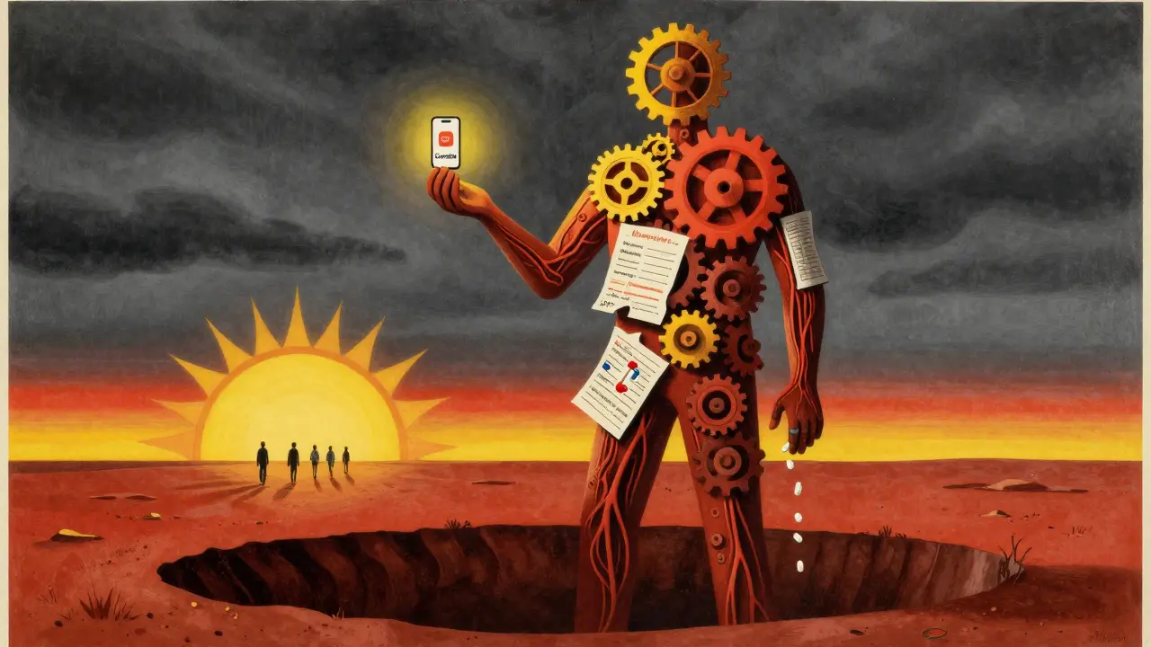 A giant figure made of nerves and medical charts drops opioids into a void while small figures walk toward hope and treatment.