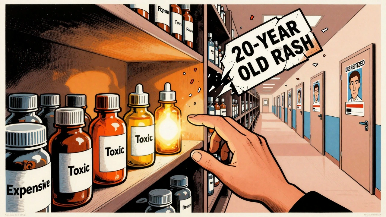 A glowing penicillin bottle on a shelf among bulky, menacing antibiotics, as a shattered allergy label breaks into pieces, symbolizing liberation from misdiagnosis.