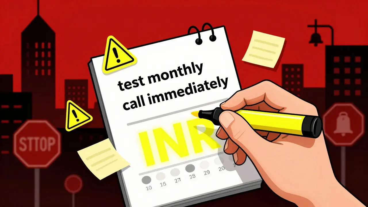 A hand highlights critical warnings on a medication guide, with floating calendar dates and warning symbols.