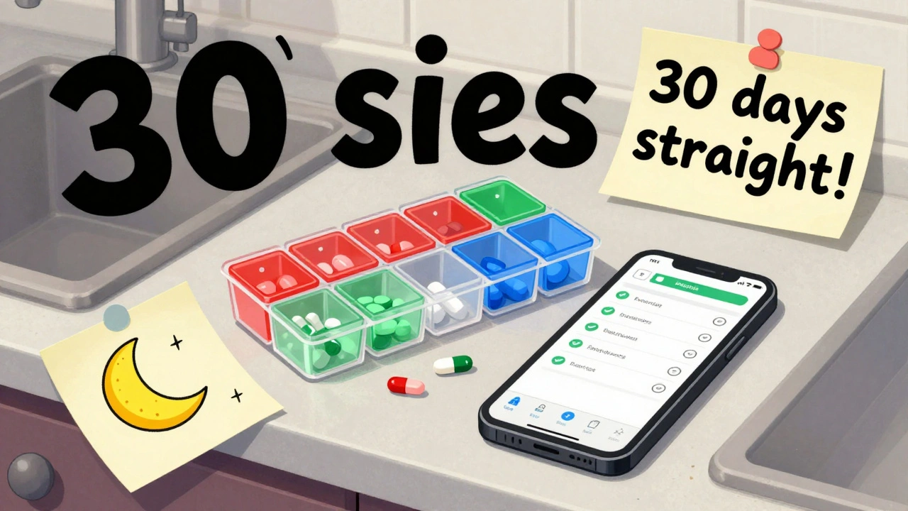 A kitchen counter organized with a labeled pill box, smartphone app, and visual reminders for taking medications daily.