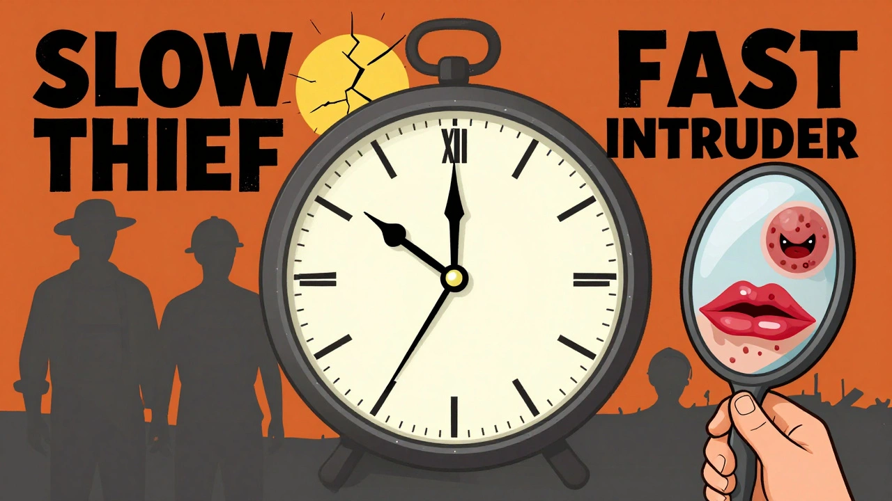 A medical clock with two hands contrasting slow and fast skin cancer growth, beside silhouettes of at-risk individuals.