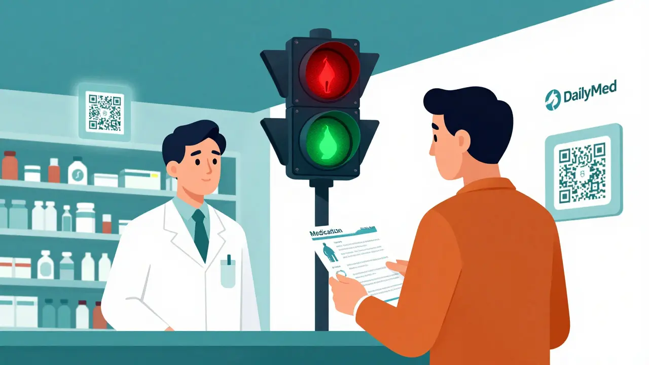 A patient and pharmacist face each other as a giant traffic light turns red, signaling urgent health risks.