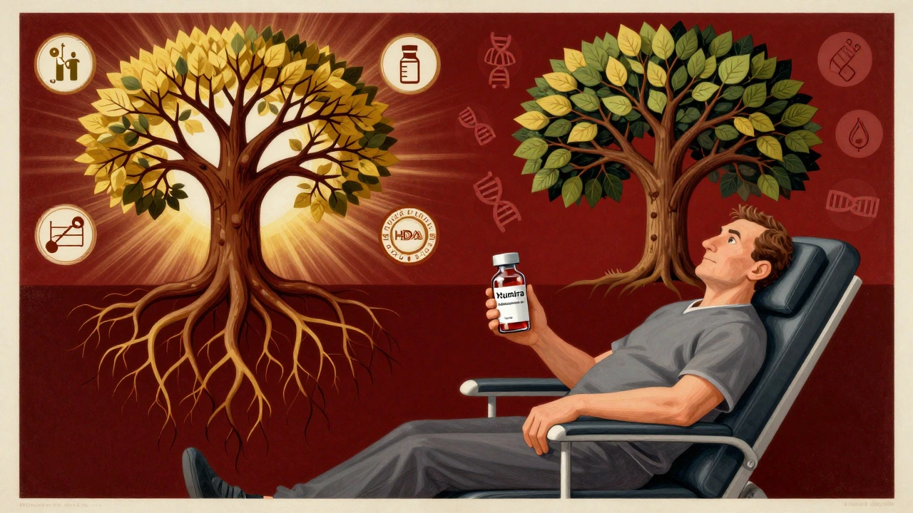 A patient holds two vials as a split tree image shows the difference between original biologic and biosimilar.