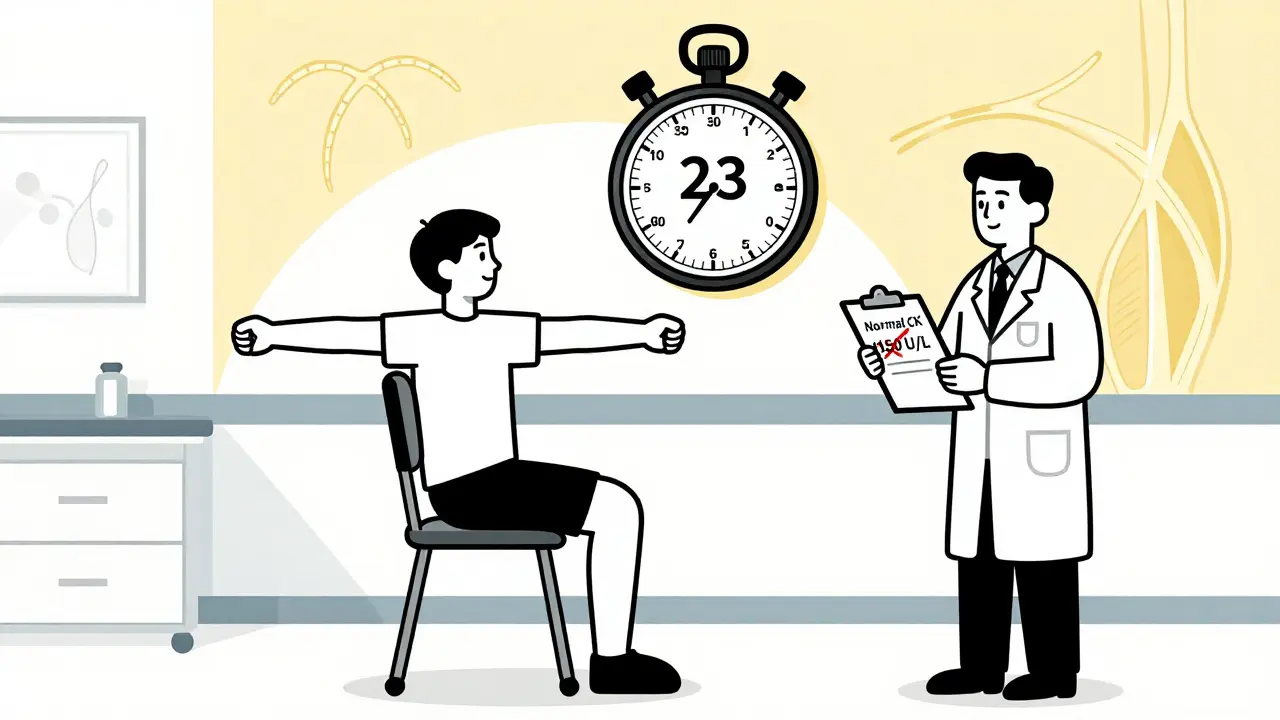 A patient struggling to rise from a chair in 23 seconds while a doctor checks a normal blood test result.