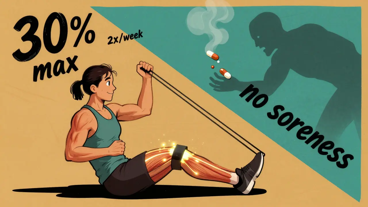 A person doing seated leg extensions with resistance bands as glowing muscle fibers regenerate around their thighs.