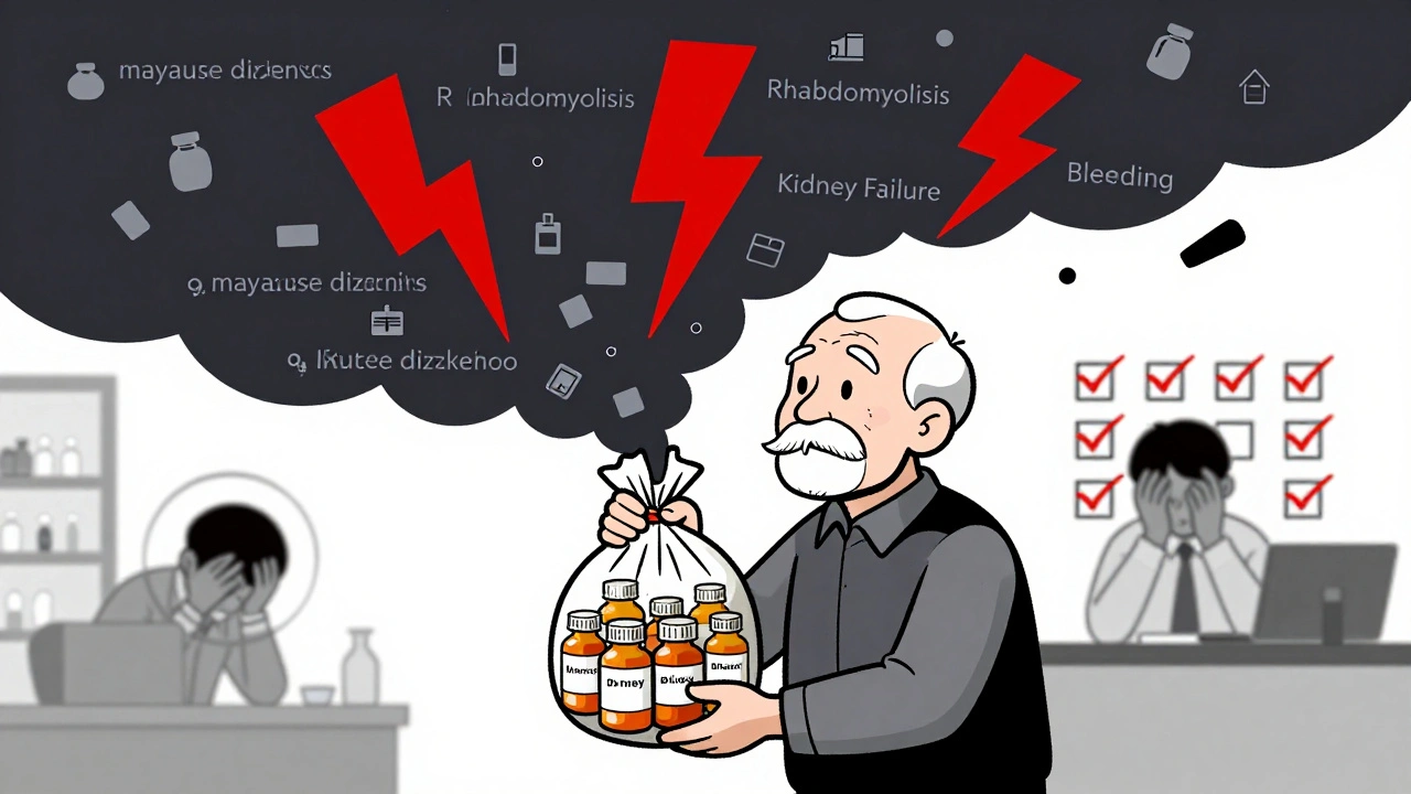 An elderly person surrounded by many pill bottles, overwhelmed by chaotic alert icons, while a tired pharmacist hides their face.