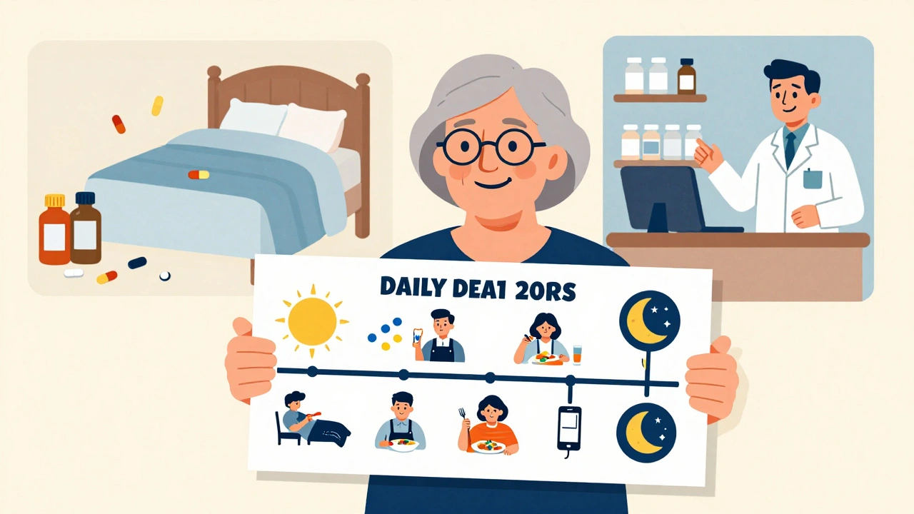 An elderly woman holding a visual daily schedule with illustrated medication times linked to routine activities.