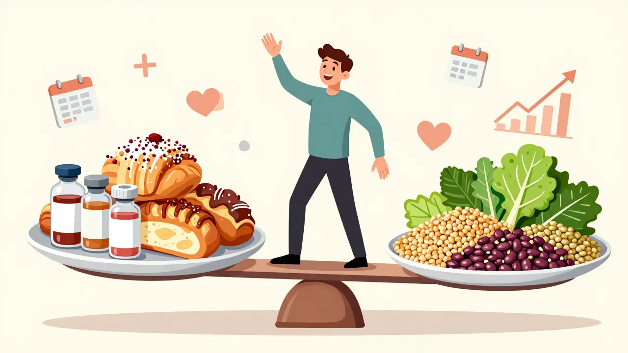Balance scale with unhealthy vs healthy foods, person standing proudly on the healthy side.