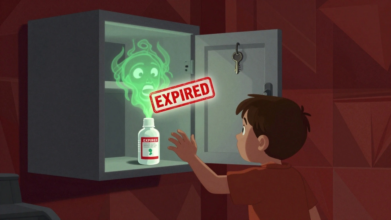 Child reaching for expired teething gel with glowing warning symbol above.