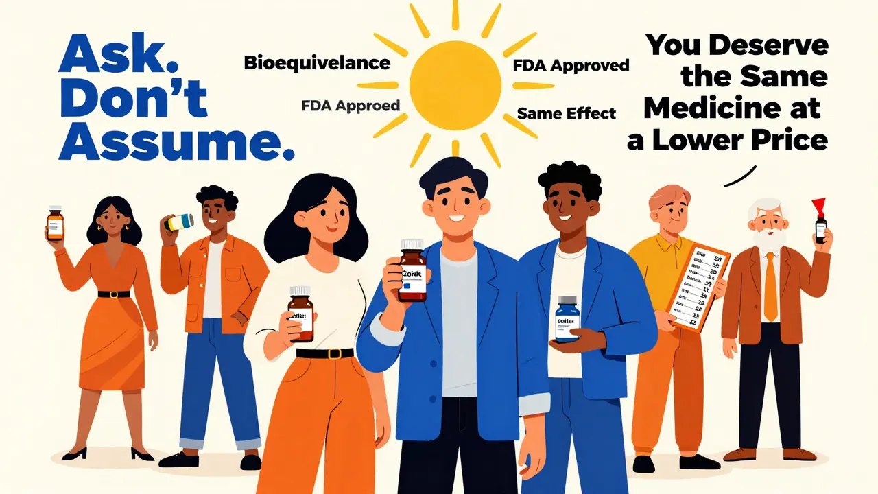 Diverse group of people holding medication bottles as branded pills transform into generics under a radiant sunburst.
