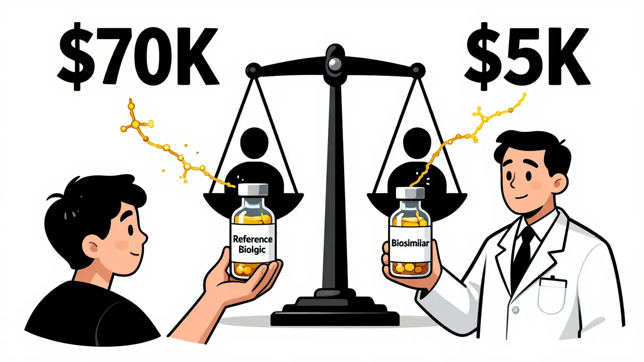 Doctor giving patient two vials—reference biologic and biosimilar—with identical yet subtly different protein chains and cost comparison.