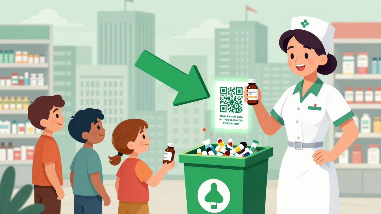 Family dropping expired meds into a pharmacy disposal kiosk with nurse.