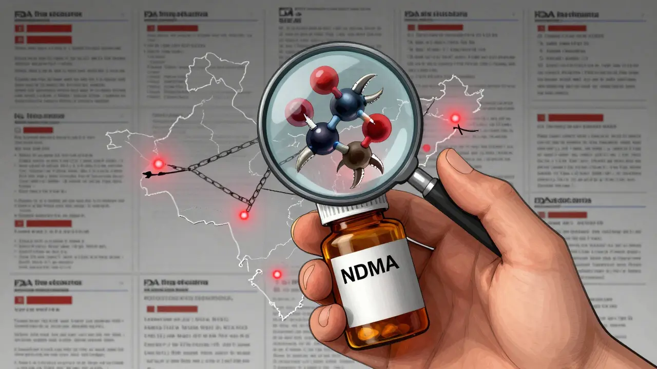 Hand holding pill bottle with magnifying glass revealing cancer-causing molecules, overlaid with maps of China and India and redacted FDA reports.