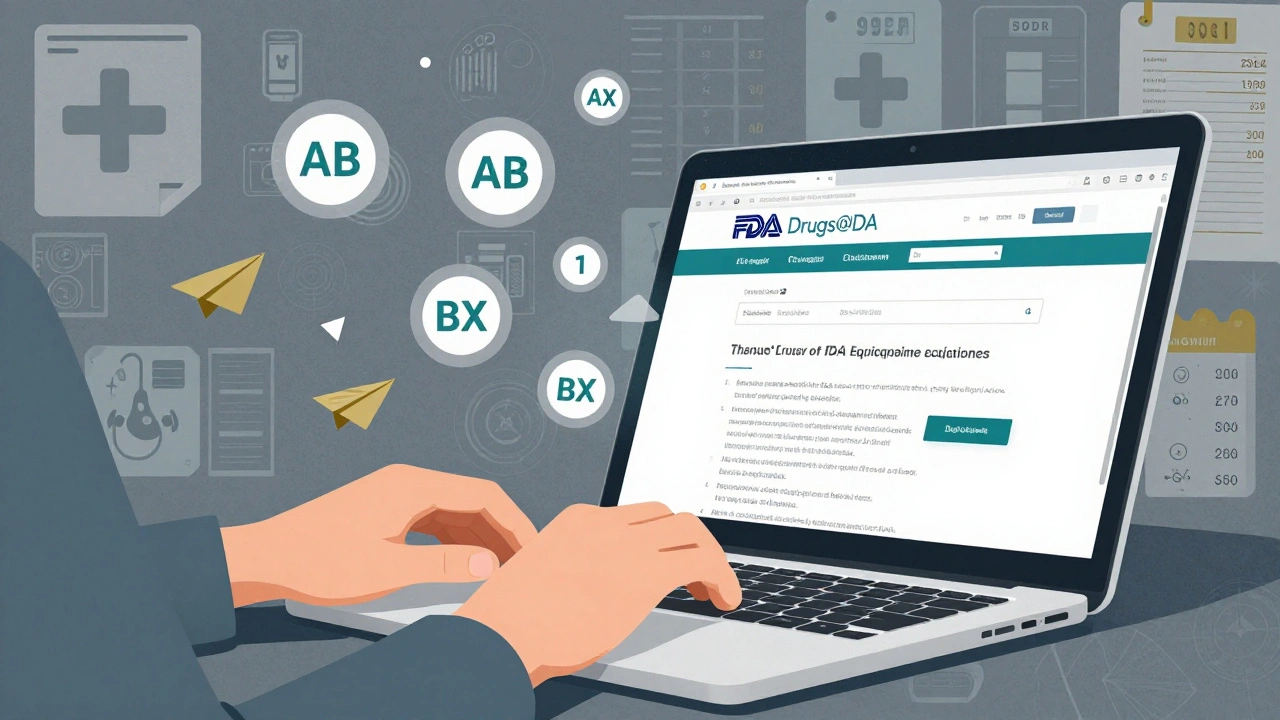 Hand typing on laptop showing FDA website with floating therapeutic equivalence codes in abstract geometric style.