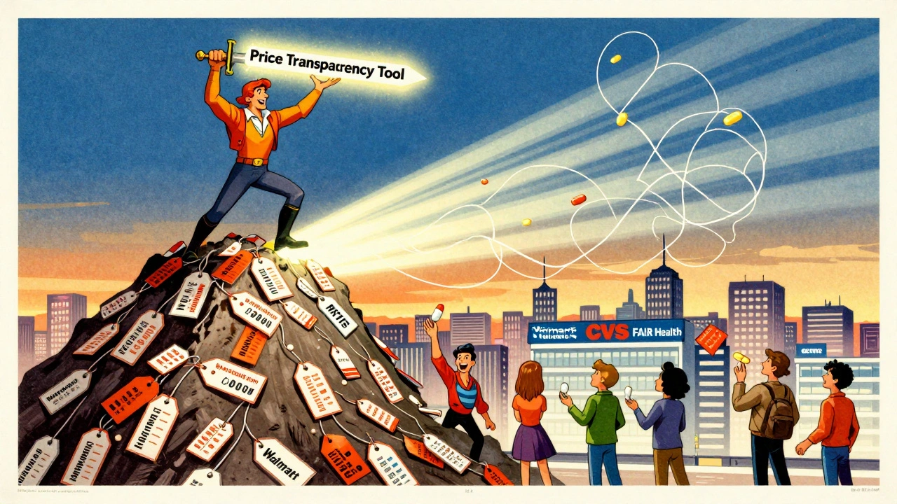Hero standing on price tags holding a transparency tool, with pharmacies below connected by data lines.